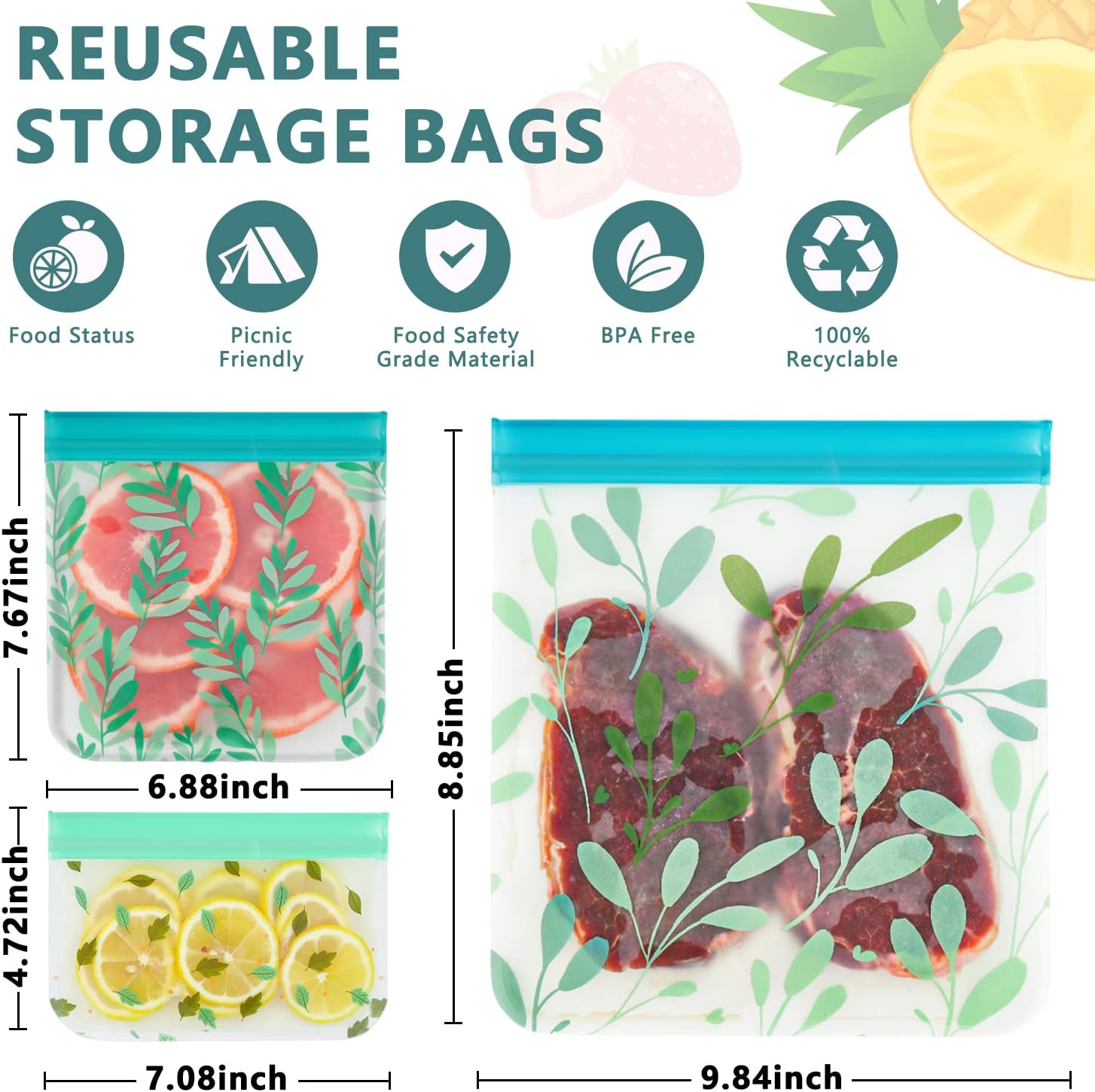 Dishwasher Safe Reusable Food Storage Bags, Leakproof Reusable Freezer Bags, Food Bags -Pack of 10 Dishwasher Safe Reusable Food Storage Bags, Leakproof Reusable Freezer Bags, Food Bags -Pack of 10